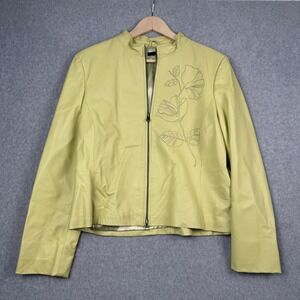 600 West Jacket Womens 12 Light Green Floral Genuine Leather Full Zip Lined Moto